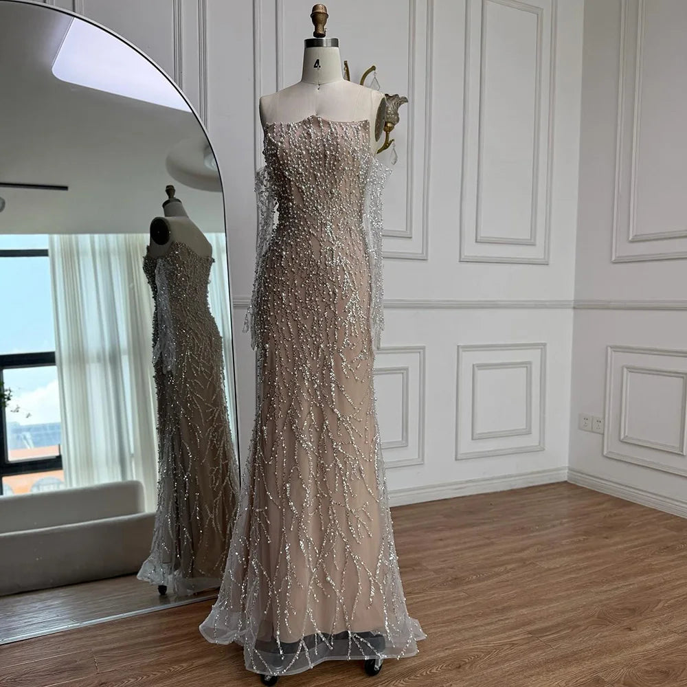 Luxury Nude Strapless Pearl Beaded Mermaid Evening Gown with Gloves LA72345C