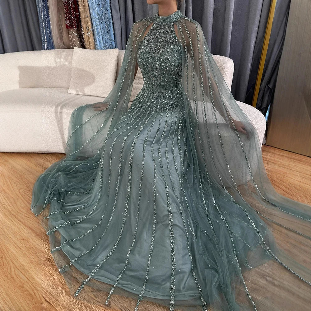 Luxury Caramel Beaded A-Line Evening Dress with Cape Sleeves LA72306B