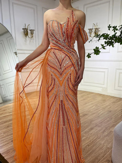 Luxury Dubai  Arabic Blue One Shoulder Luxury Dubai Evening Gown with Side Overskirt Beaded Dress LA72662