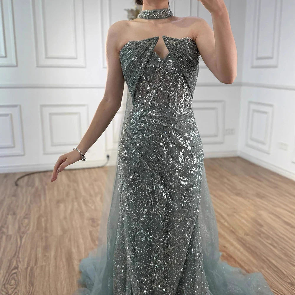 Luxury Gray Beaded Evening Dress with Long Cape LA73159