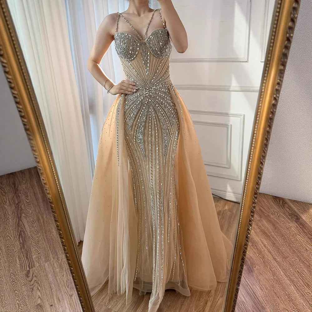 Luxury Nude Spaghetti Strap Mermaid Evening Dress with Overskirt Beaded LA73090A