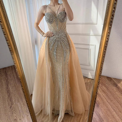 Luxury Nude Spaghetti Strap Mermaid Evening Dress with Overskirt Beaded LA73090A