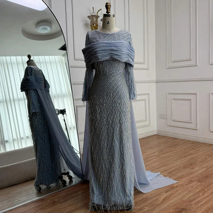 Arabic Blue Mermaid Evening Dress with Beaded Tassels LA72374A