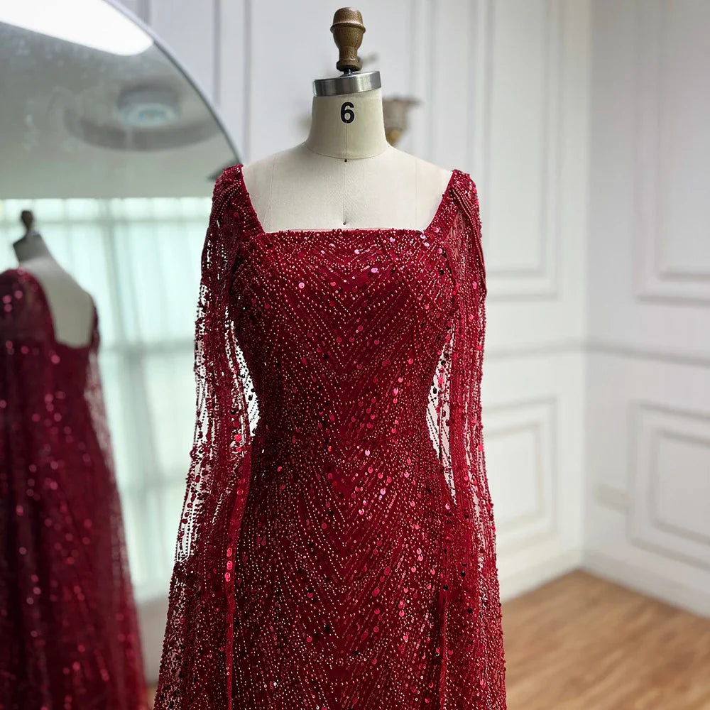 Luxury Turquoise Beaded Pearl Arabic Evening Dress with Cape Sleeves LA72590