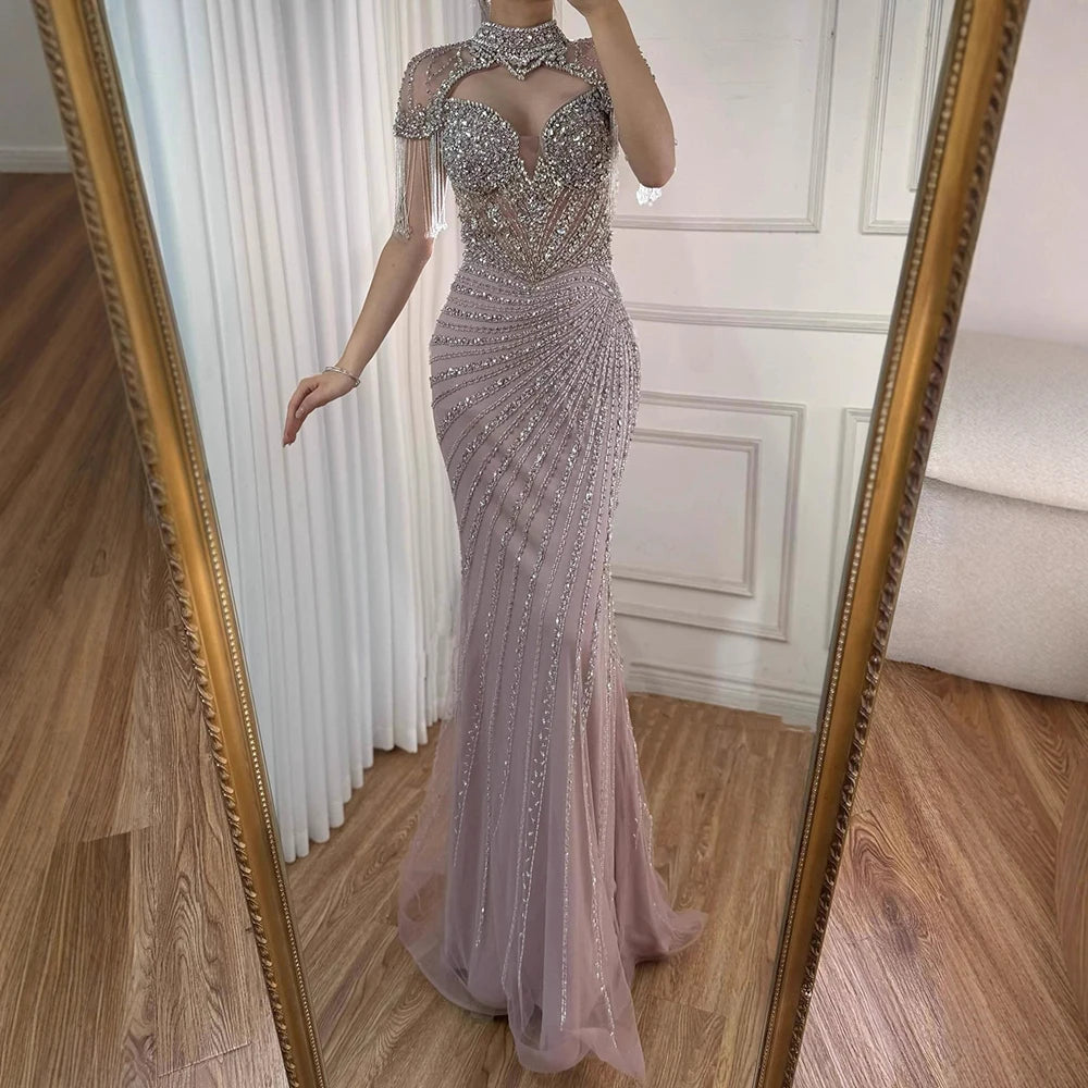 Luxury Pink Beaded Tassel Mermaid Evening Dress Long Gown LA73184