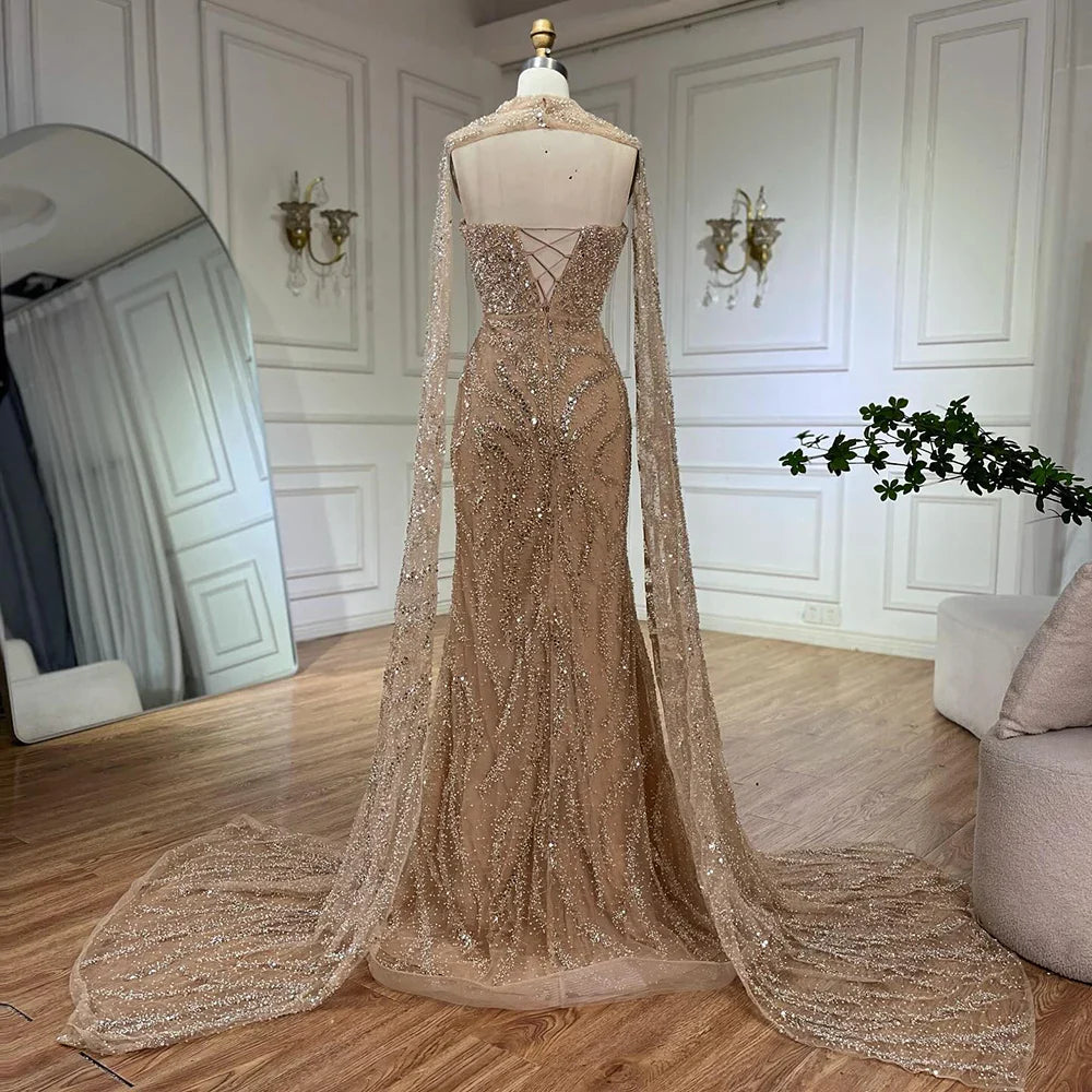 Luxury Nude Mermaid Evening Dress with Cape Sleeves LA72824