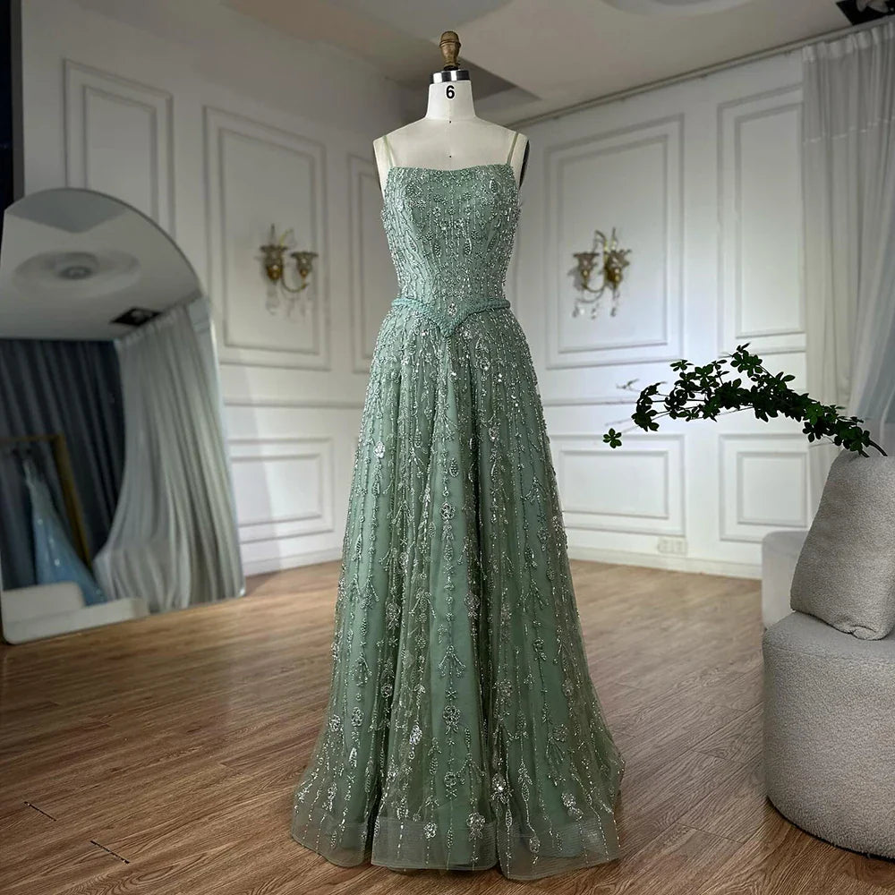 Luxury Sage Green Beaded A Line Spaghetti Strap Evening Dresses Gown LA72805