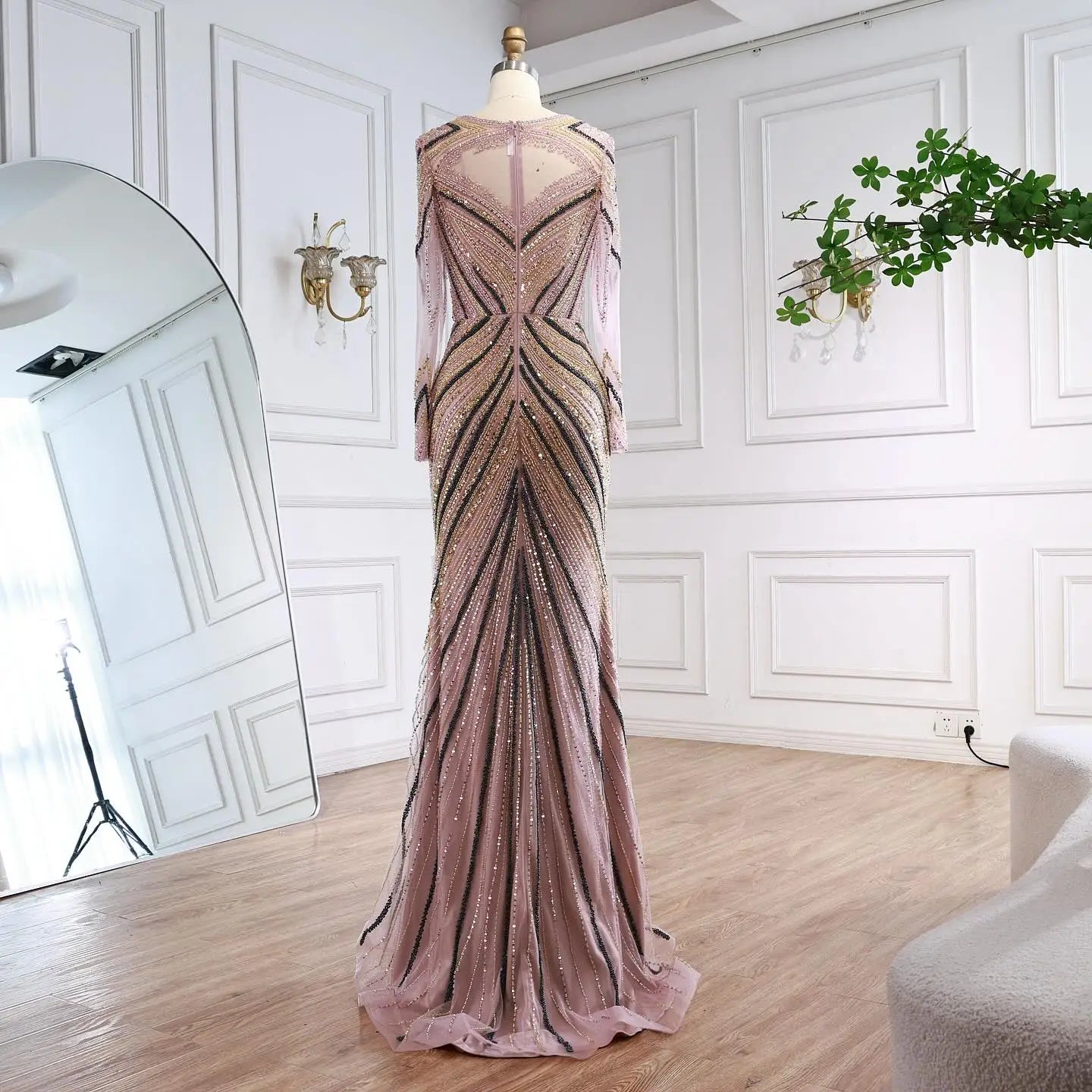 Luxury Pink Modest Dubai Mermaid  Evening  Dress  Long Sleeevs 2026 LA73213