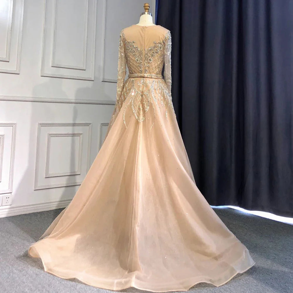 Luxury Nude Beaded Mermaid Evening Dress with Overskirt LA71352