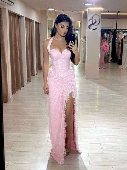 Luxury Pink Lace Halter Saudi Arabic High Split Evening Dress LA73372