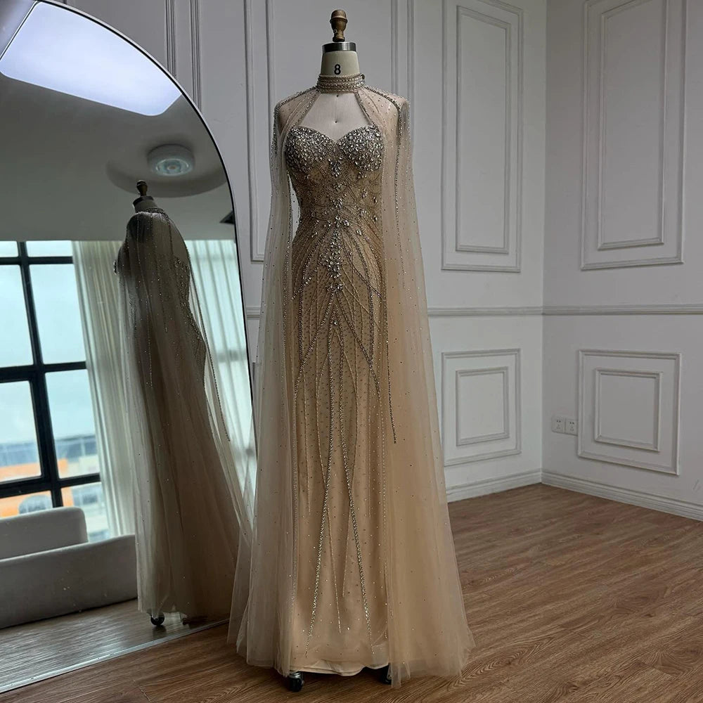 Luxury Turquoise Beaded Cape Sleeve Saudi Arabic Evening Dress LA73136A