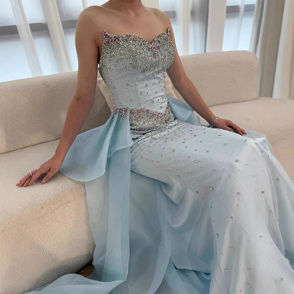 Luxury Blue Crystal Beaded Mermaid Evening Dress with Overskirt LA73145