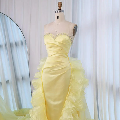 Yellow Ruffled Evening Gown with Beaded Details LA72889