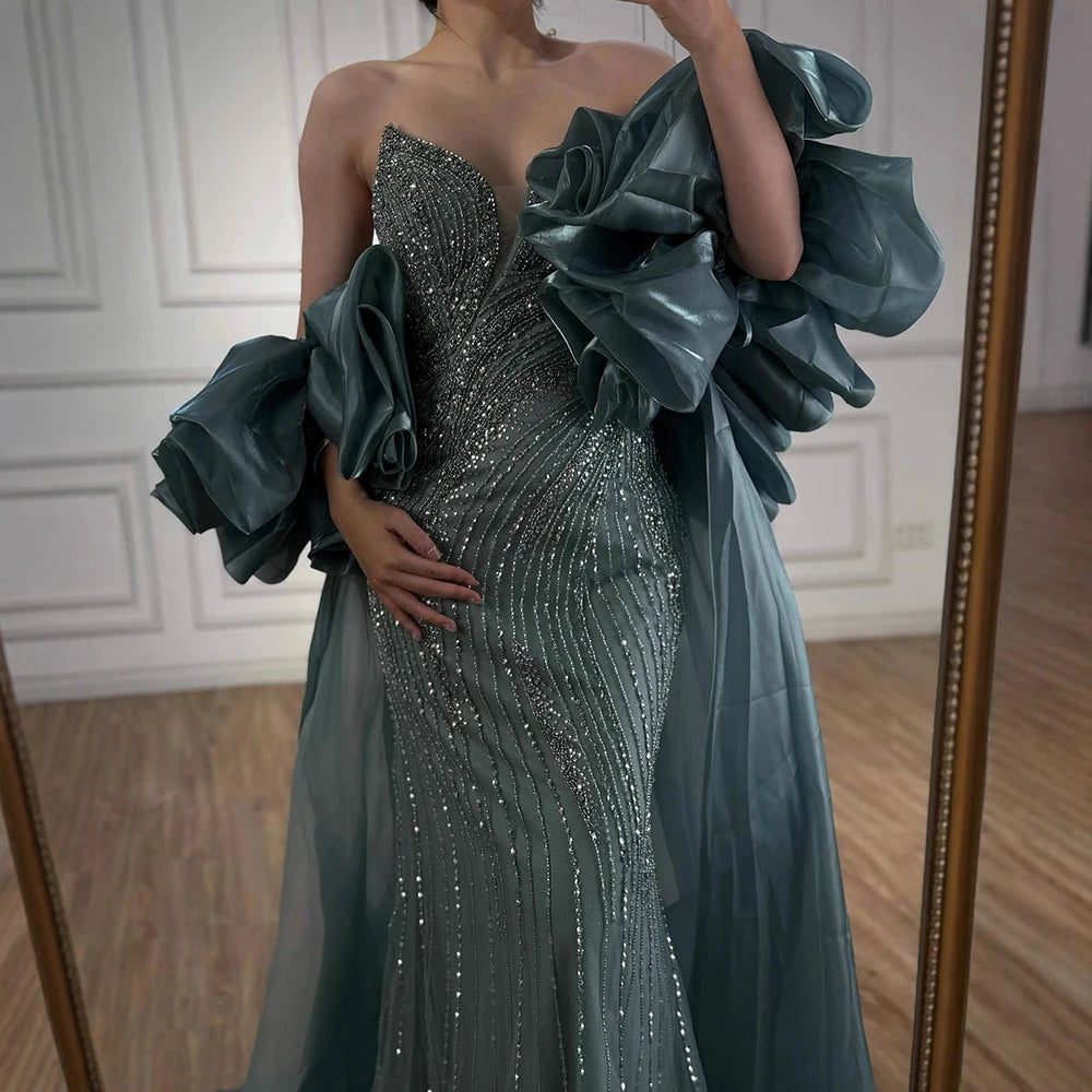 Luxury Red Strapless Mermaid Evening Dress with Cape LA72896