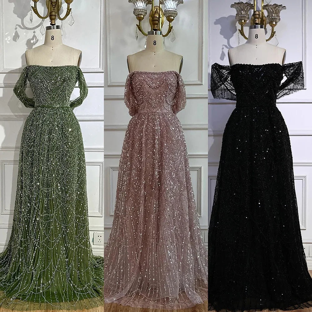 Luxury Nude Off Shoulder A-Line Evening Gown with Pearl Beading LA72738A