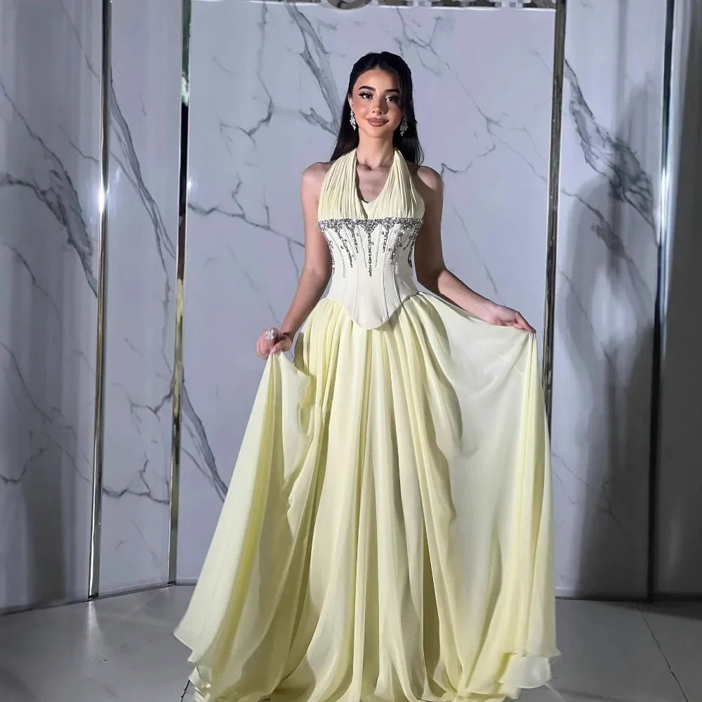 Elegant Yellow Chiffon Halter Beaded Ball Gown Evening Dress LA73074
