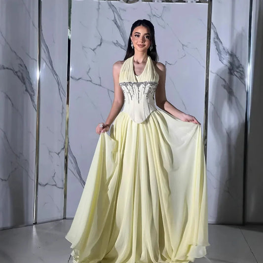 Elegant Yellow Chiffon Halter Beaded Ball Gown Evening Dress LA73074