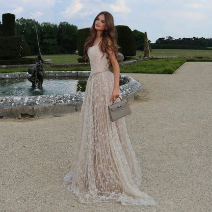 Luxury Sage Green Beaded A Line Spaghetti Strap Evening Dresses Gown LA72805