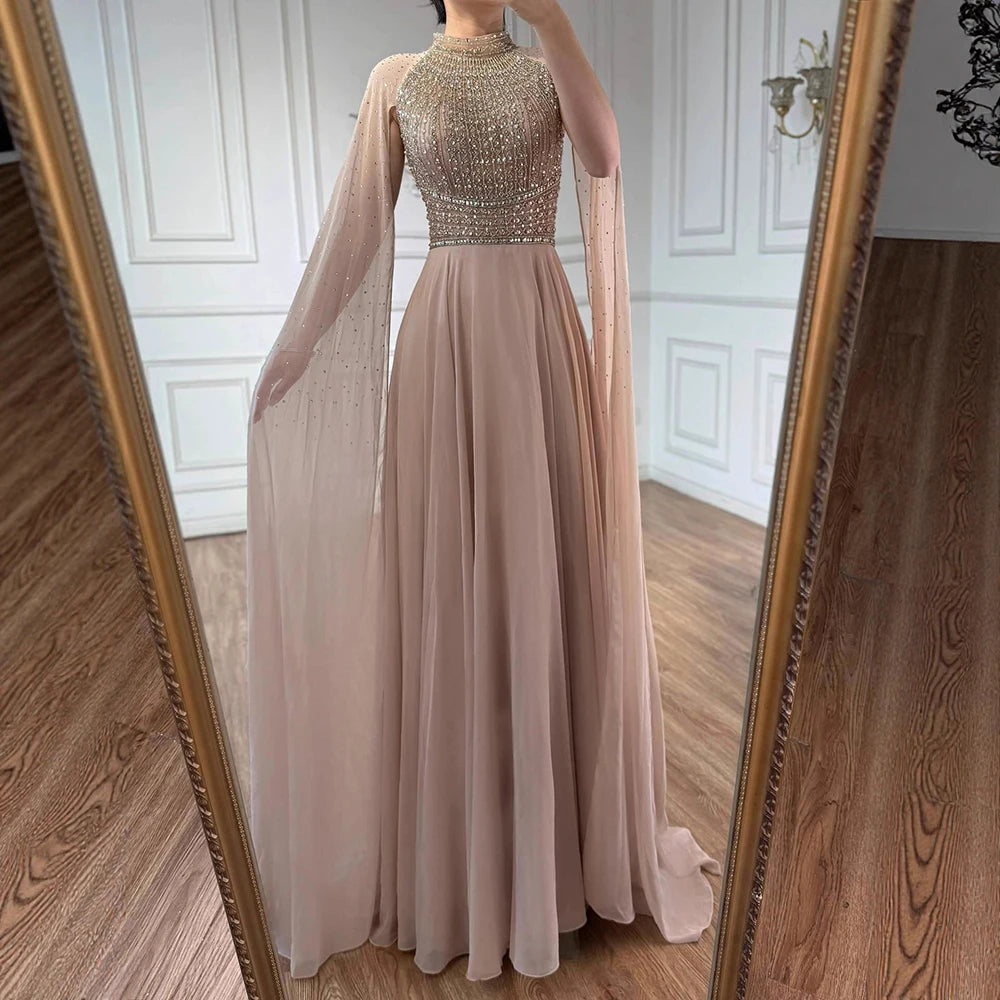Luxury Caramel Chiffon Beaded Evening Dress with Cape LA73144