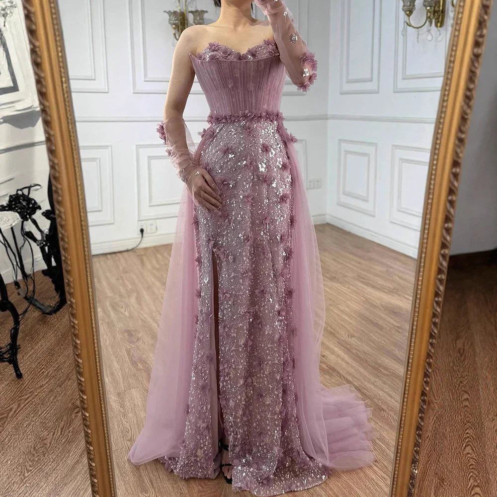 Elegant Pink 3D Floral High Slit Evening Gown with Gloves Overskirt LA72937