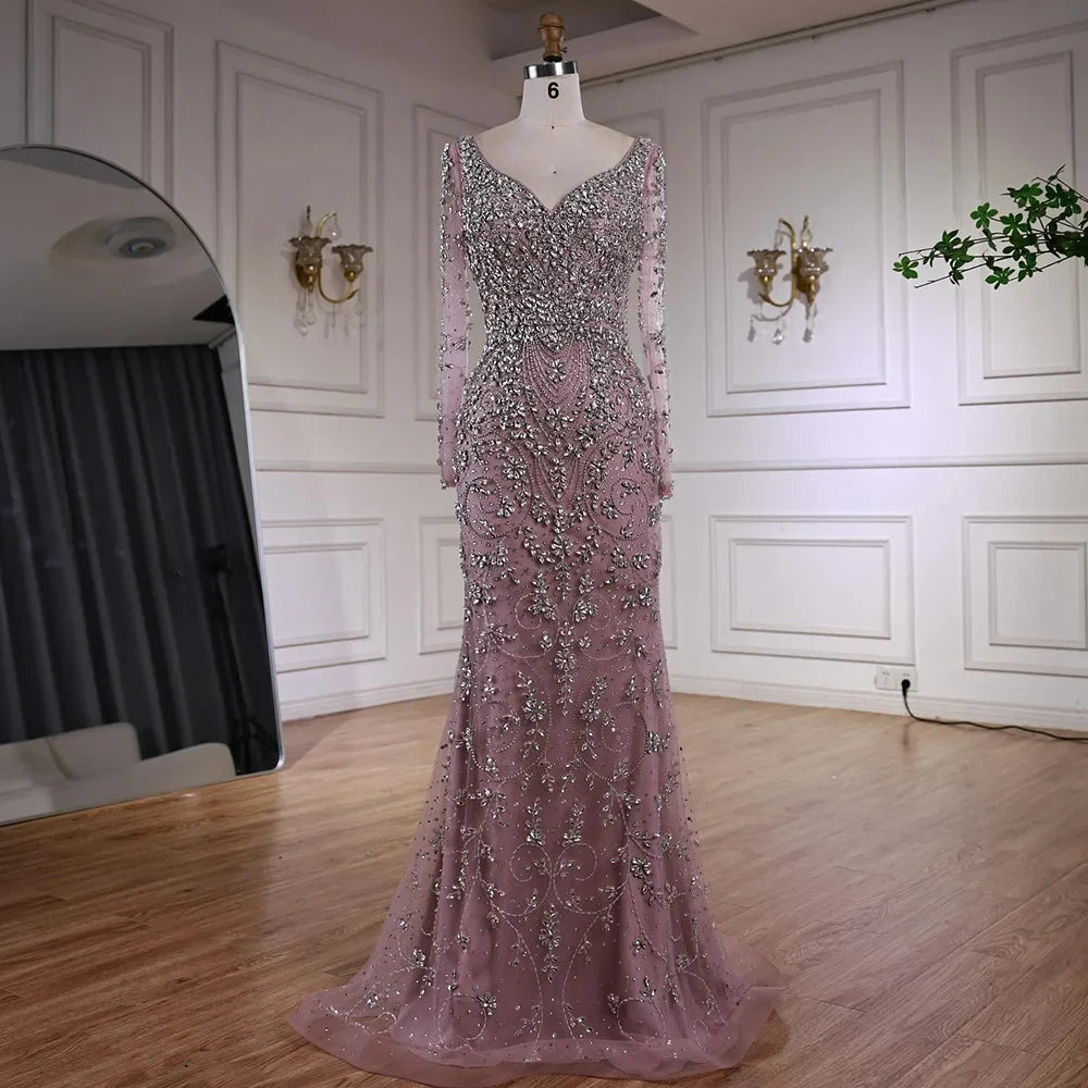 Luxury Nude Beaded Crystal Mermaid Evening Dress with Long Sleeves LA73042