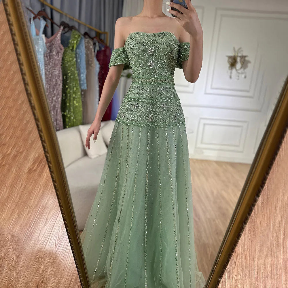 Luxury Caramel Off The Shoulder A-Line Beaded Evening Dress LA72709