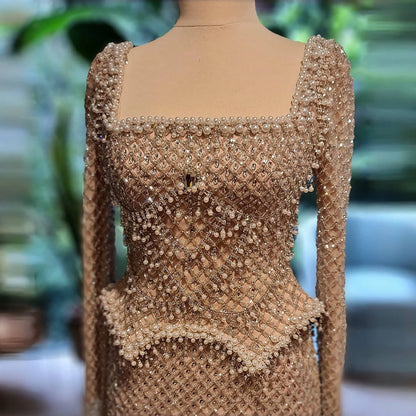 Luxury Pearl Beaded Mermaid Evening Dress with Long Sleeves LA72919A