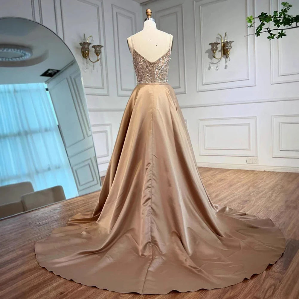 Luxury Caramel Beaded Evening Dress with Detachable Overskirt LA72733A
