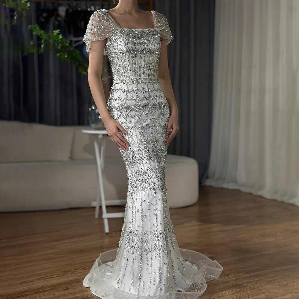 Luxury White Mermaid Square Neck Short Sleeves Evening Dresses LA72714