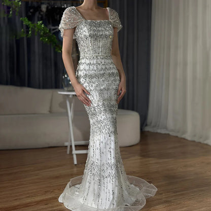 Luxury White Mermaid Square Neck Short Sleeves Evening Dresses LA72714