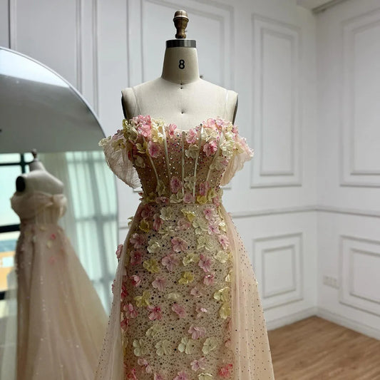 Luxury Nude Floral Beaded Off-Shoulder Corset Evening Dress with Overskirt LA72861