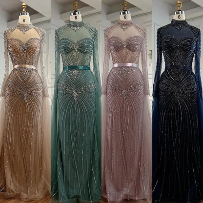 Luxury Nude Beaded Evening Dress with Detachable Overskirt LA72990