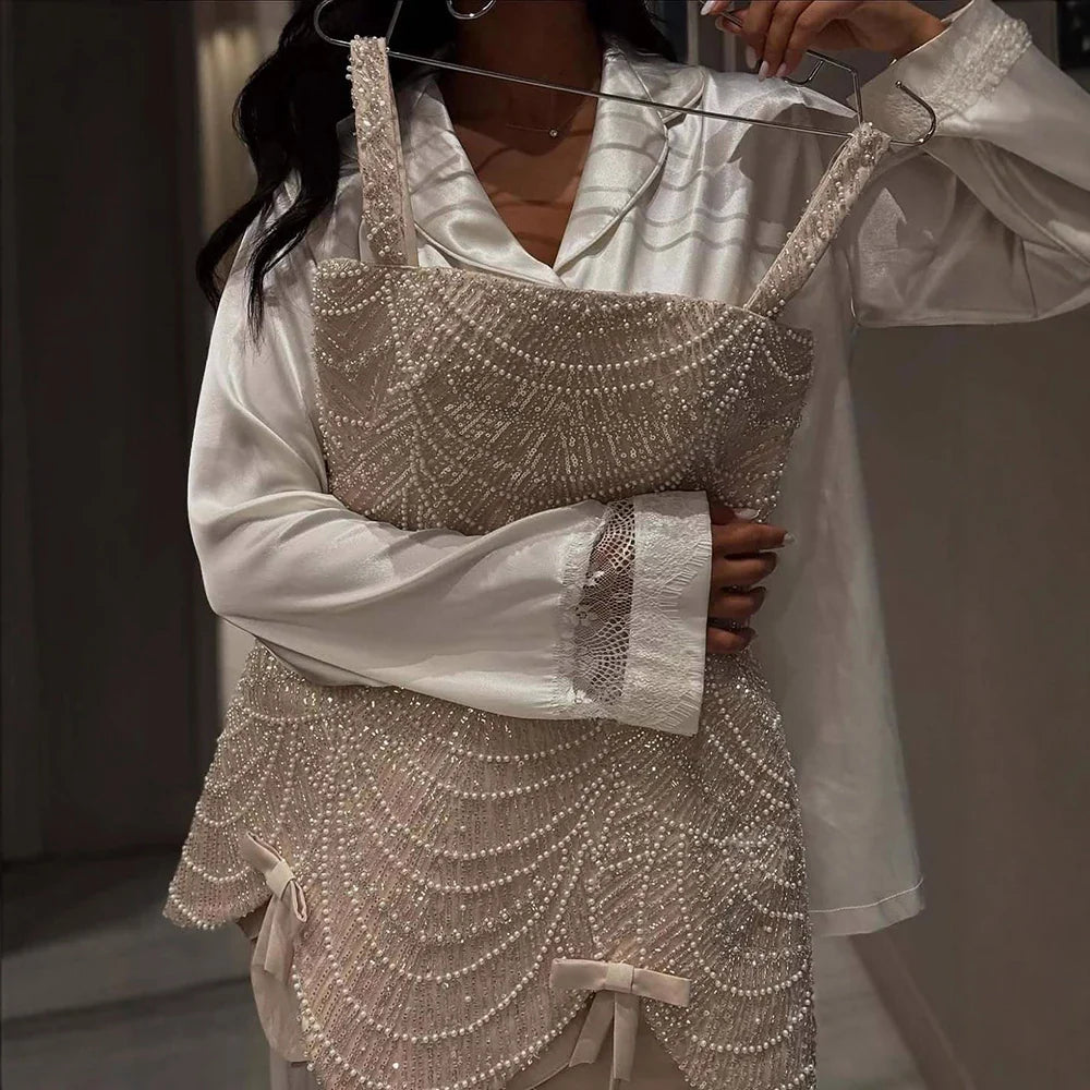 Luxury Nude Pearl Beaded A-Line Mini Evening Dress LA73211