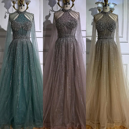 Luxury Turquoise Beaded A-Line Evening Dress with Cape Sleeves LA73054