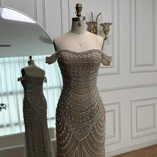 Arabic Caramel Off Shoulder Beaded Mermaid Evening Dress with Pearls LA72253C