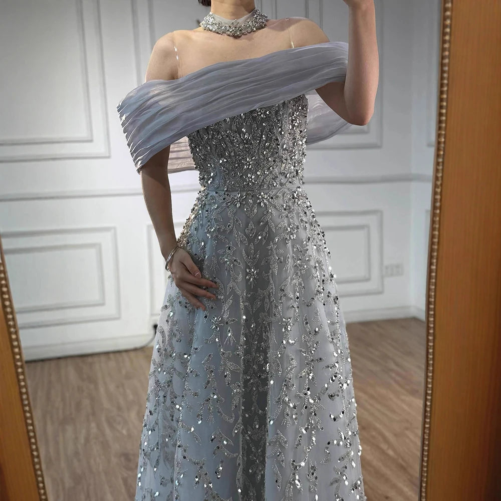 Glamorous Silver Gray Off Shoulder Beaded A-Line Evening Dress LA73062