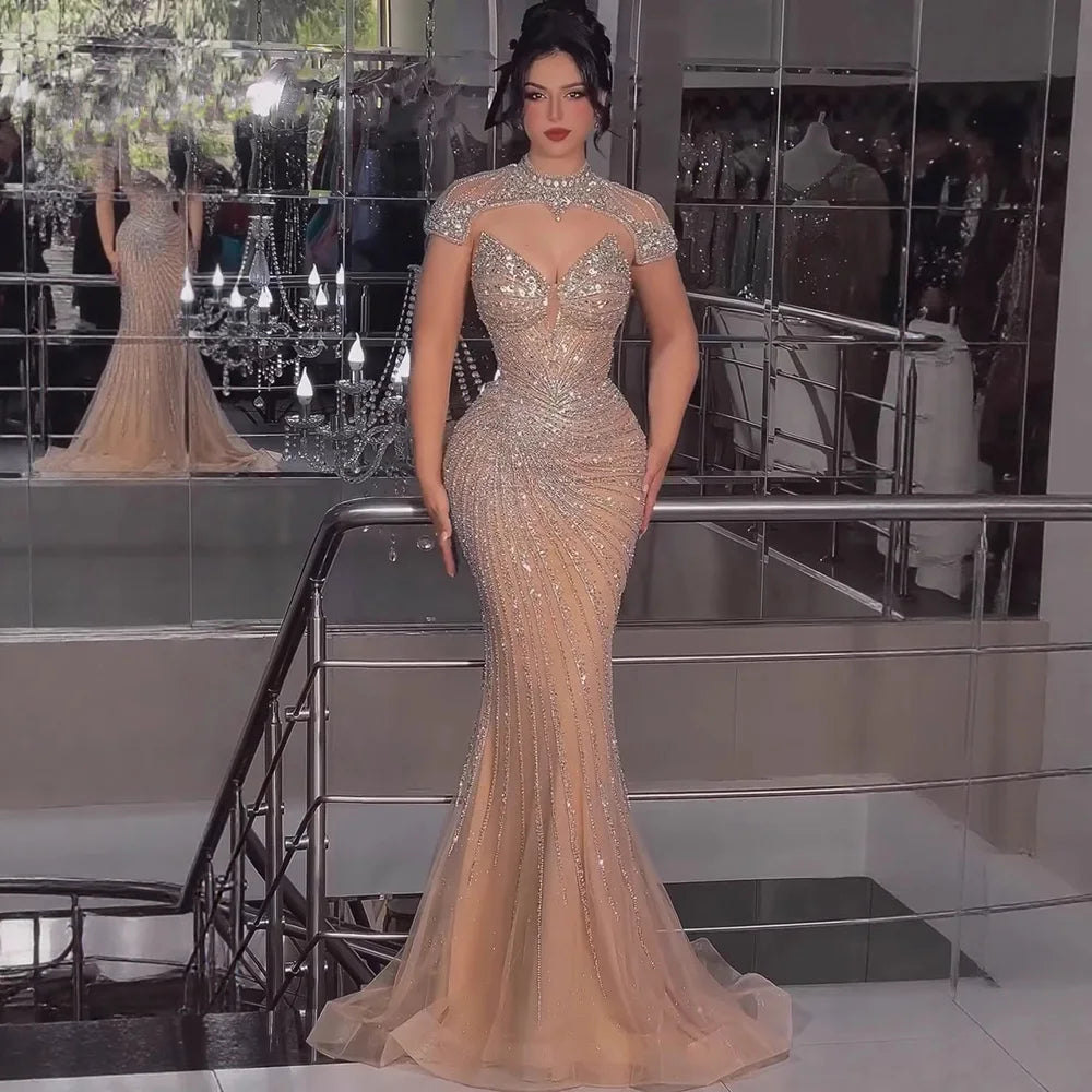 Nude Mermaid Evening Dress with Detachable Beaded High Neck LA73087