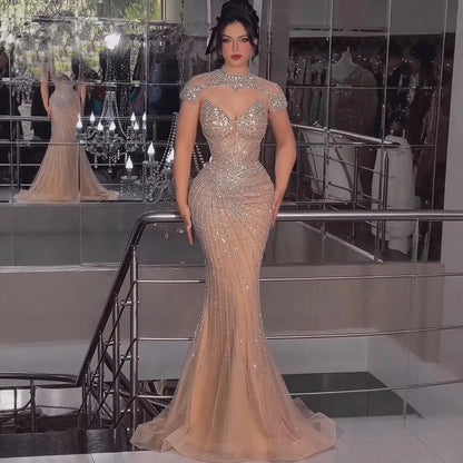 Nude Mermaid Evening Dress with Detachable Beaded High Neck LA73087