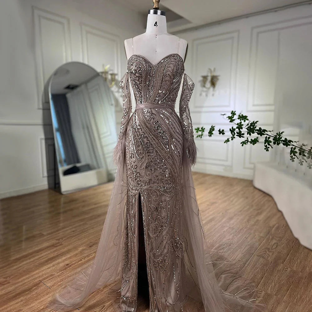 Luxury Arabic Nude Mermaid High Split Feather Beaded Evening Dress LA71910