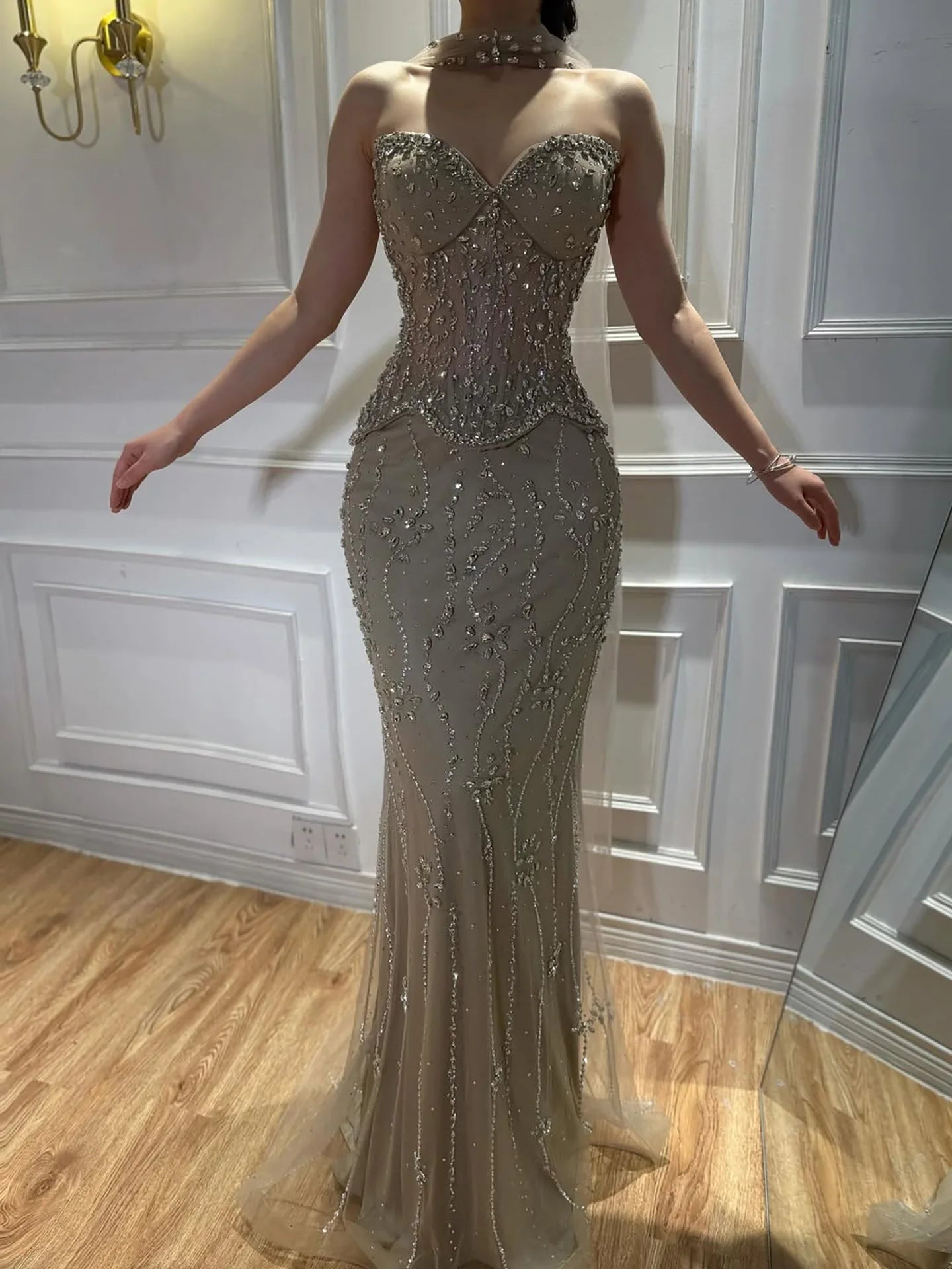 Luxury Nude Beaded Mermaid Evening Dress LA73336