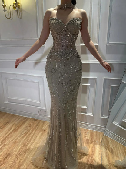 Luxury Nude Beaded Mermaid Evening Dress LA73336