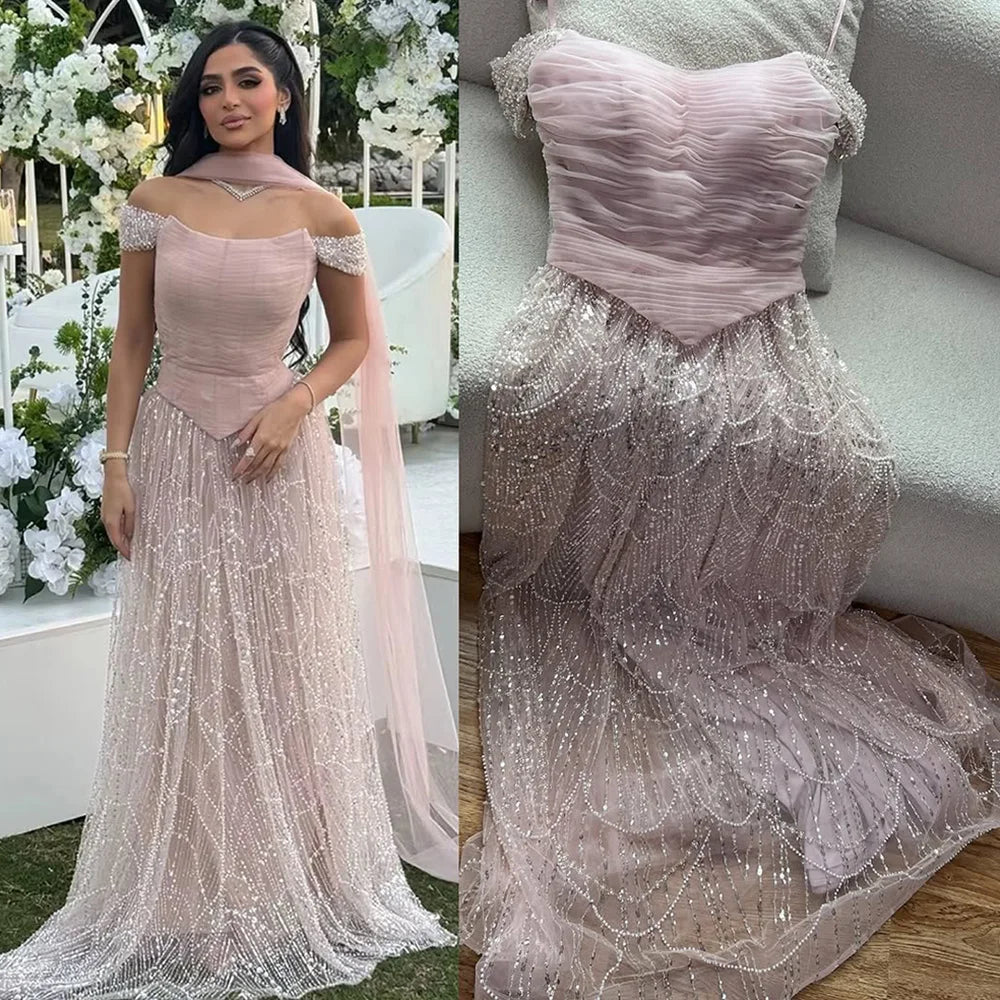 Luxury  Arabic  Pink Pearls  Evening Dress  With Cape LA72922