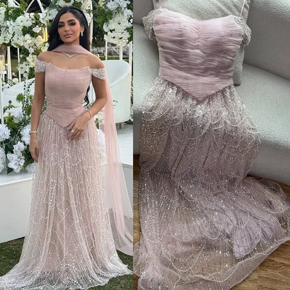 Luxury  Arabic  Pink Pearls  Evening Dress  With Cape LA72922