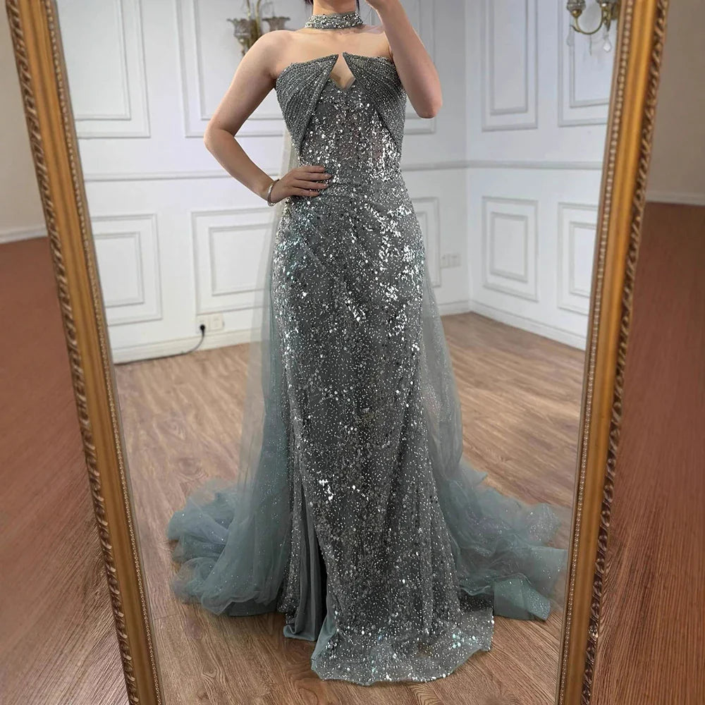 Luxury Gray Beaded Evening Dress with Long Cape LA73159