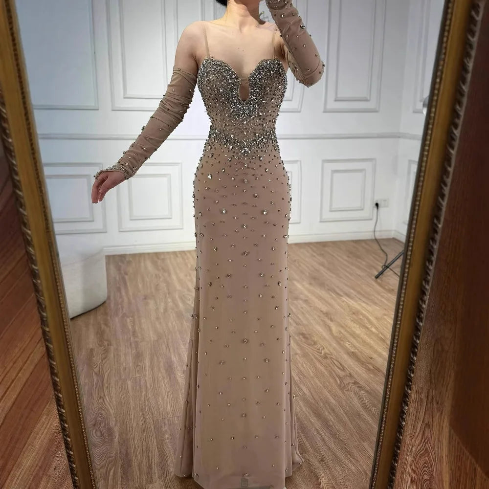 Luxury Nude Beaded Mermaid Dress with Detachable Sleeves LA73065