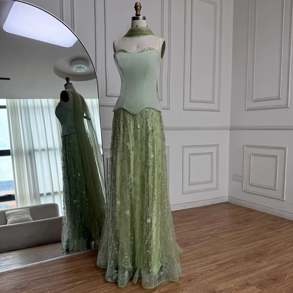 Luxury Sage Green and Pink Arabic Strapless Beaded Evening Dress LA72805D