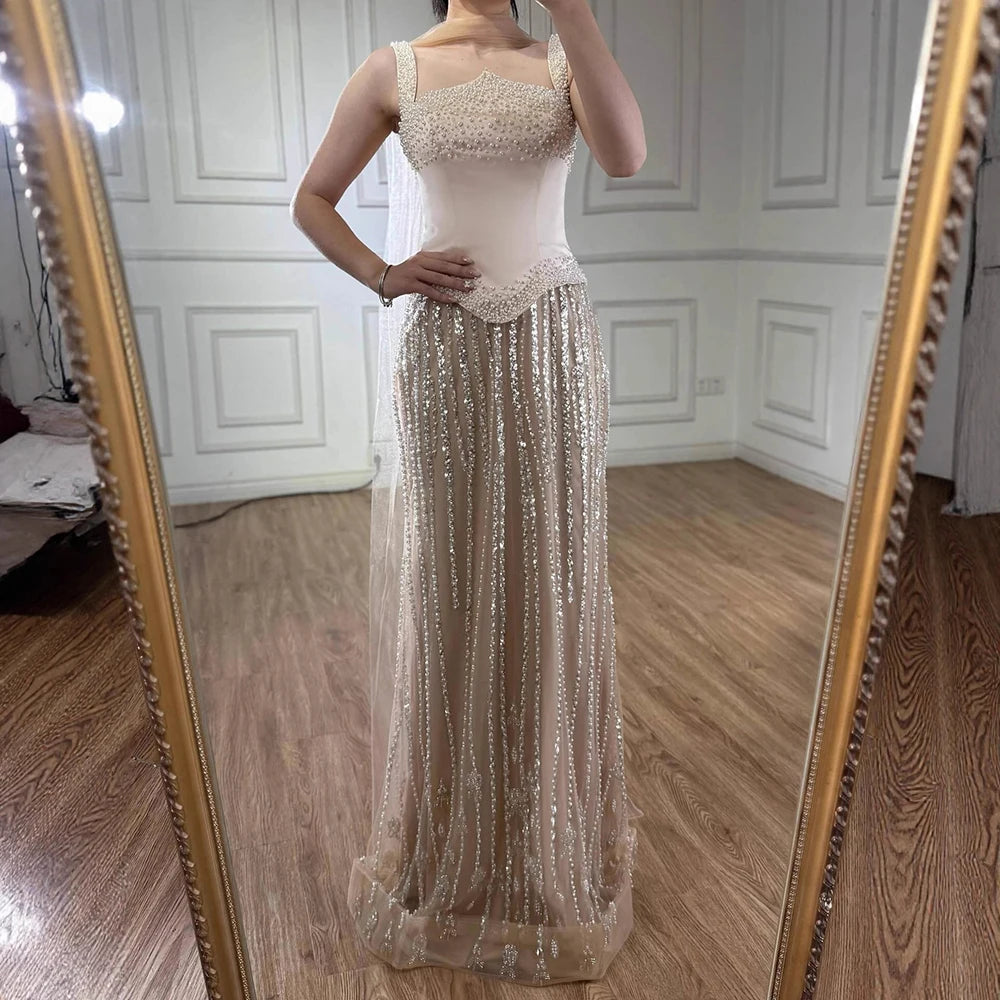 Glamorous Pink Strapless Mermaid Evening Dress with Pearls LA73070