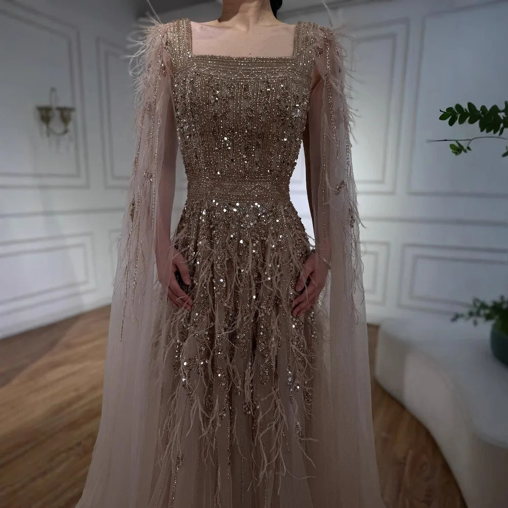 Elegant Blue Beaded Feather A-Line Evening Dress With Cape  LA73043