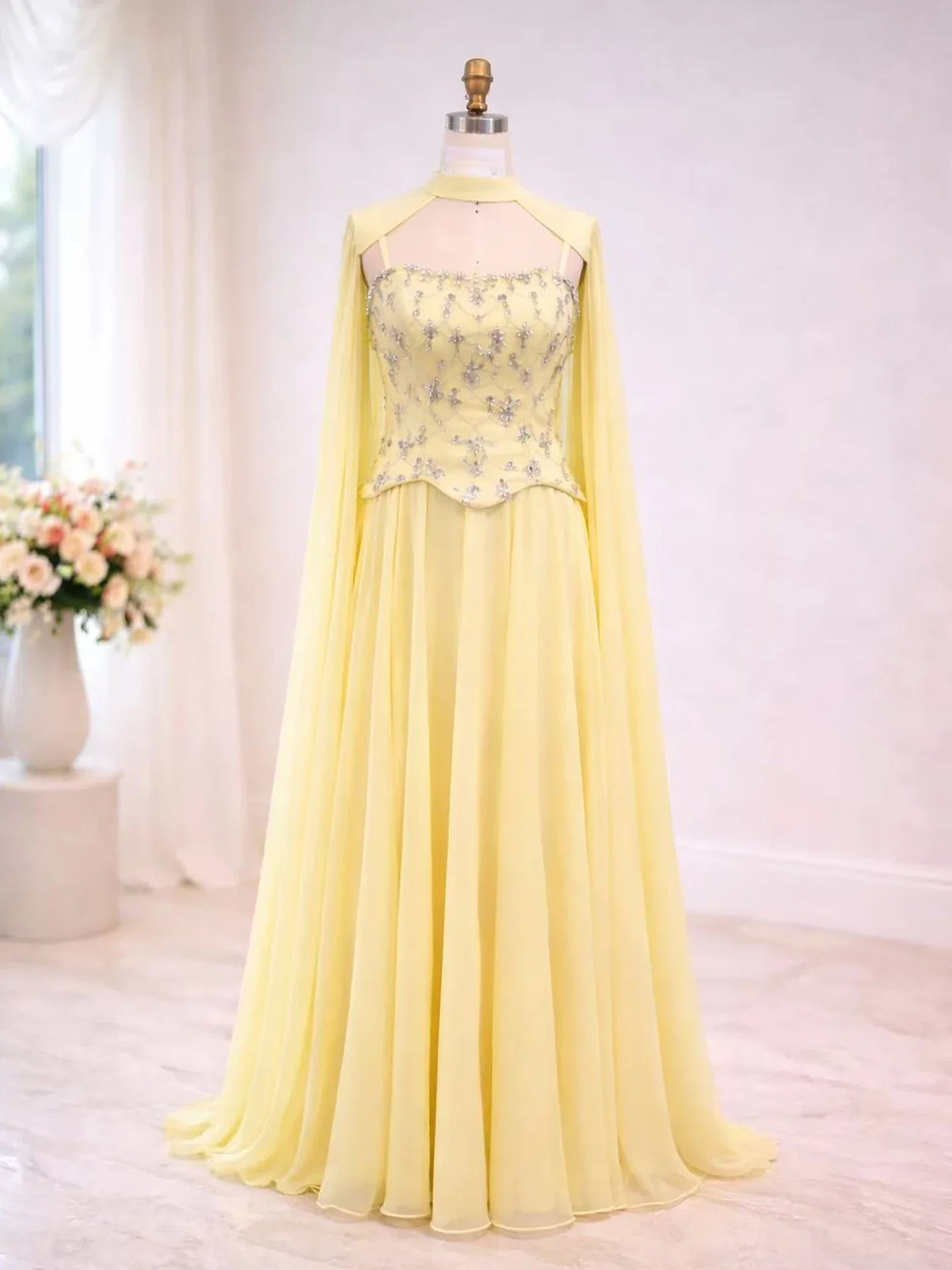 Luxury Yellow Stone Two Pieces Evening Dress with Cape LA73073A