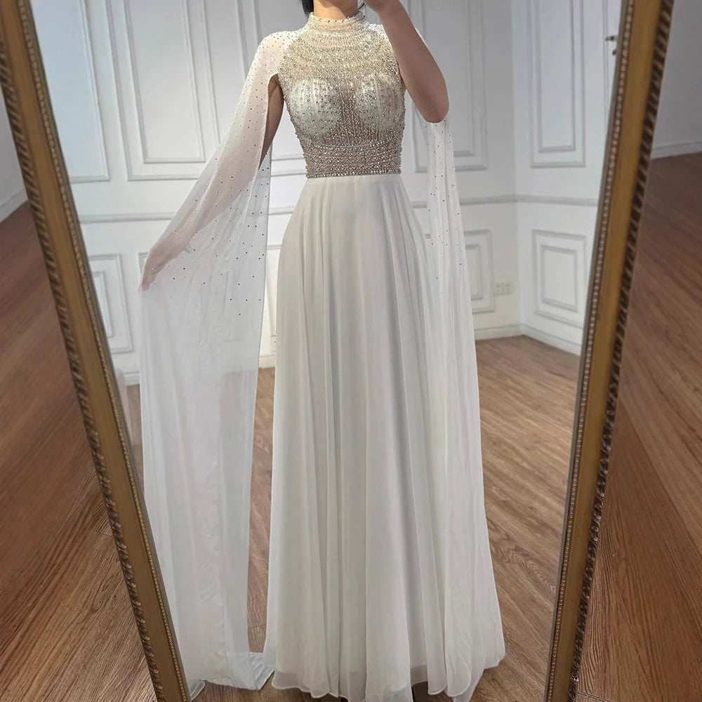Luxury Caramel Chiffon Beaded Evening Dress with Cape LA73144